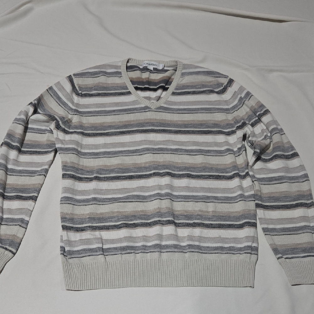 Calvin Klein Men's V-Neck Sweater - Gray and Cream Stripes